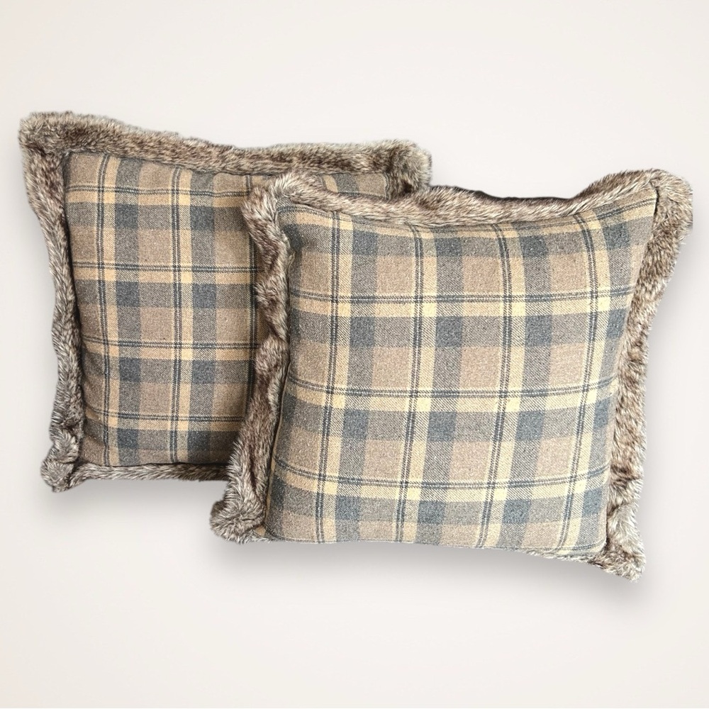 Plaid Throw Pillows with Faux Fur Trim
